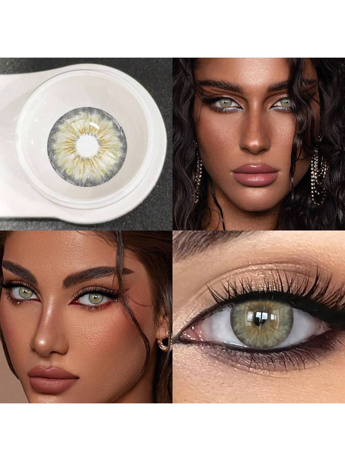 Collage of a contact lens, close-up of eyes with green contact lenses, and a model wearing the lenses.