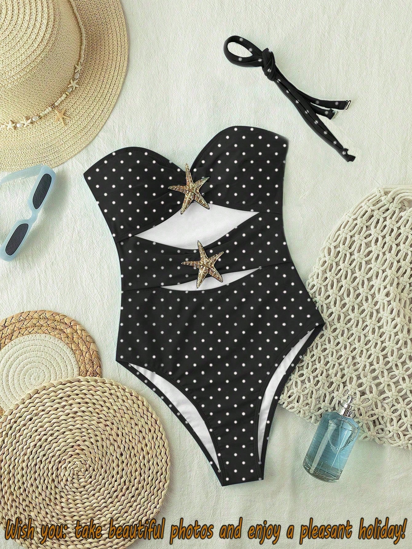 SHEIN 2026 Black & White Polka Dot Print One-Piece Swimsuit