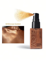 Bronze Golden shimmer spray bottle with product application on a white background