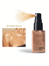 Looklive intense shimmer spray in Golden Brown with a close-up of application on skin.