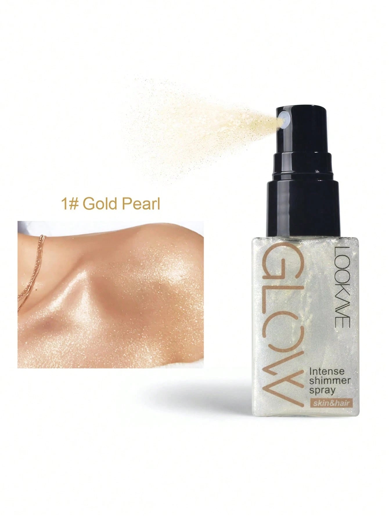 LookAve Glow Intense Shimmer Spray with gold pearl color swatch on a white background