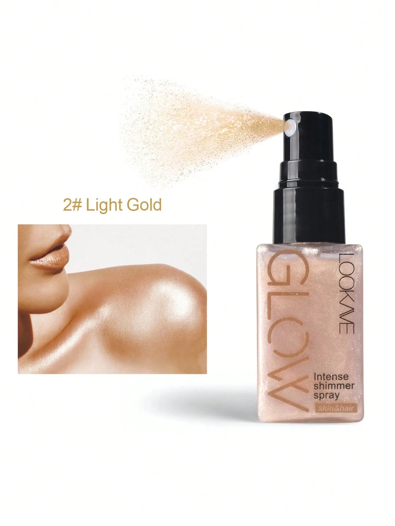Glow Intense Shimmer Spray bottle with light gold spray on a white background