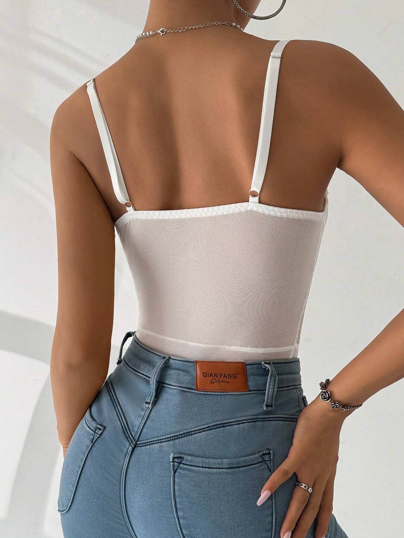 SHEIN Allurite Sparkly Mesh Splice Lace-Up Strap Bodysuit