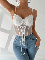 SHEIN Allurite Sparkly Mesh Splice Lace-Up Strap Bodysuit