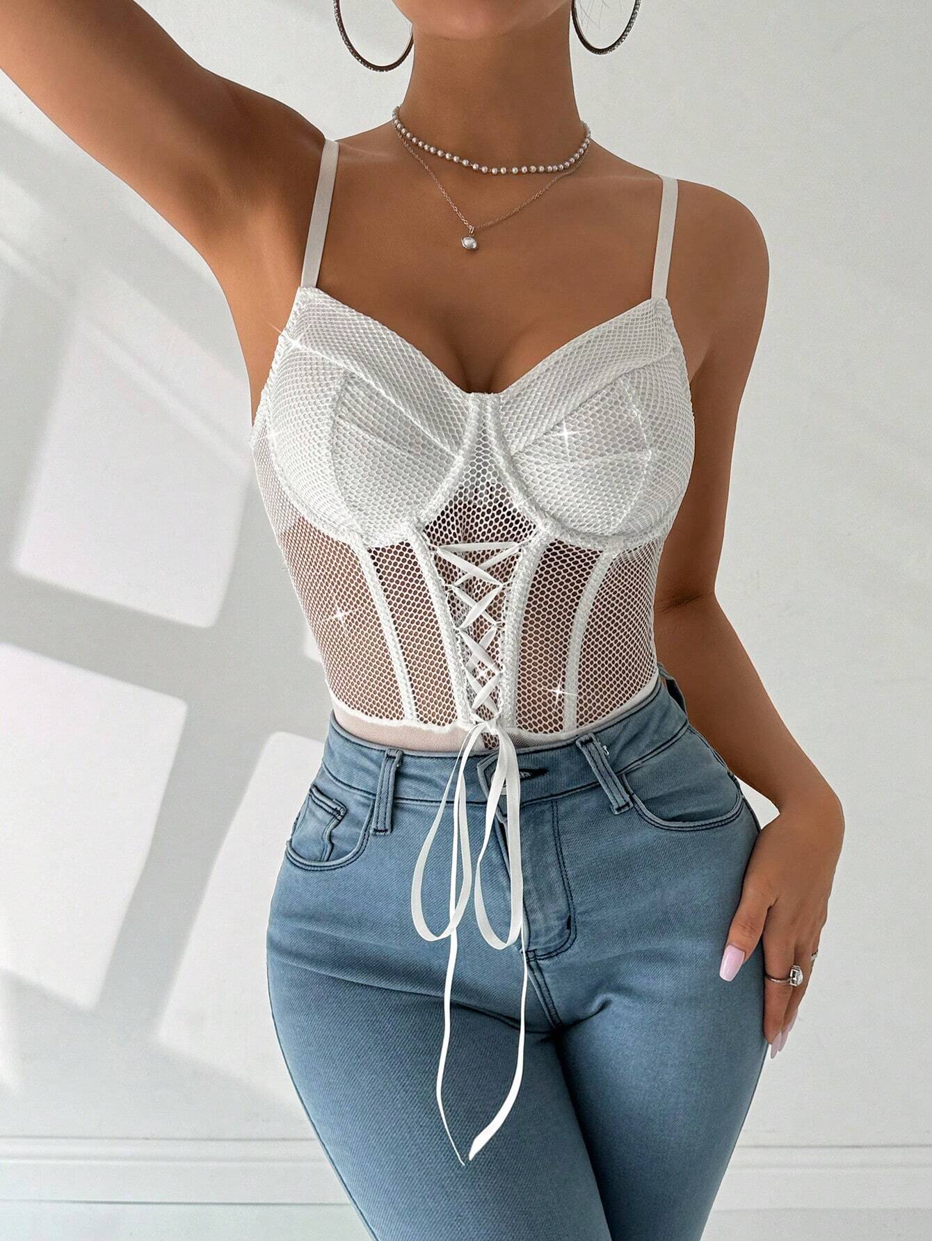 SHEIN Allurite Sparkly Mesh Splice Lace-Up Strap Bodysuit