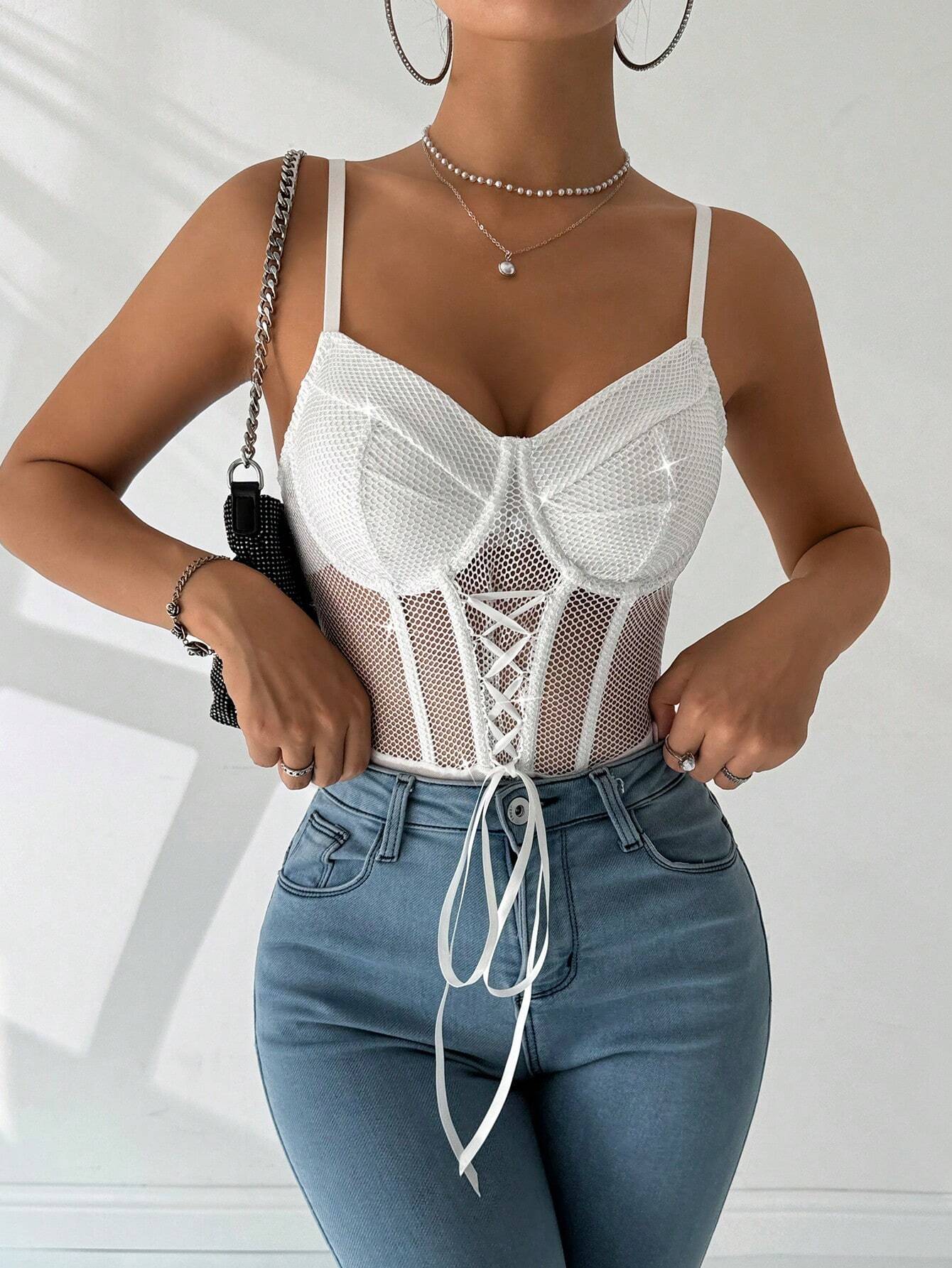 SHEIN Allurite Sparkly Mesh Splice Lace-Up Strap Bodysuit