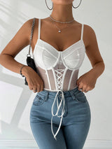 SHEIN Allurite Sparkly Mesh Splice Lace-Up Strap Bodysuit