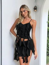 Aloruh Black Ruffle Strap Everyday Matching Spring/Summer Camisole Top BY SHEIN 