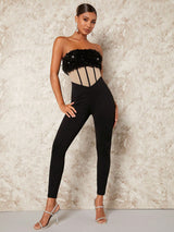 SHEIN BAE Fuzzy Trim Contrast Faux Fur Tube Unitard Jumpsuit