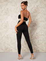 SHEIN BAE Fuzzy Trim Contrast Faux Fur Tube Unitard Jumpsuit