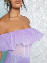 SHEIN BAE Off Shoulder Ruffle Trim Mesh Insert Bodycon Dress