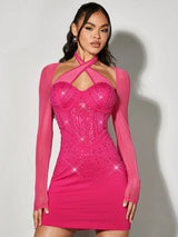SHEIN BAE Women's Cross Halterneck Chest Dress With Draped Waist, Rhinestone Decoration, Mesh Splicing And Irregular Hem, Gorgeous And Sexy Pink Dress
