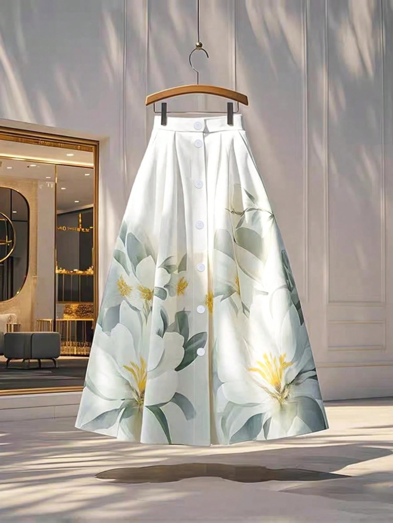 A high-waisted A-line skirt with a white base and a large floral print in shades of green, gray, and soft yellow, hanging on a wooden hanger in a brightly lit, elegant interior.