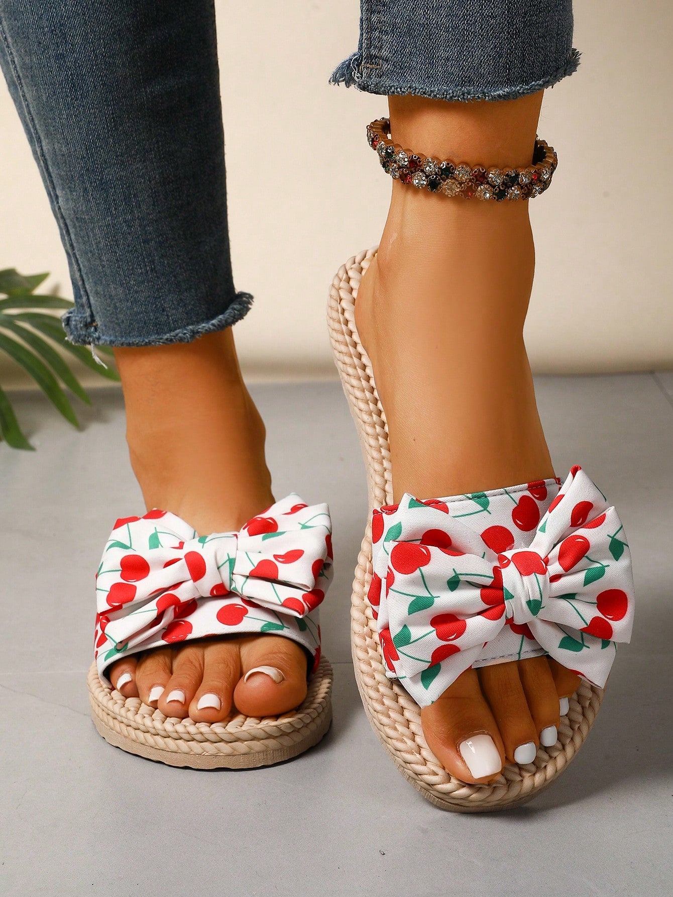 Cherry Print Bow Tie Linen Woven Platform Slide Sandals For Women, Comfortable Summer Outdoor Slippers, Beach Shoes BY SHEIN 