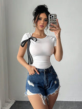 SHEIN ChicEase Women's Bow Tie Casual T-Shirt