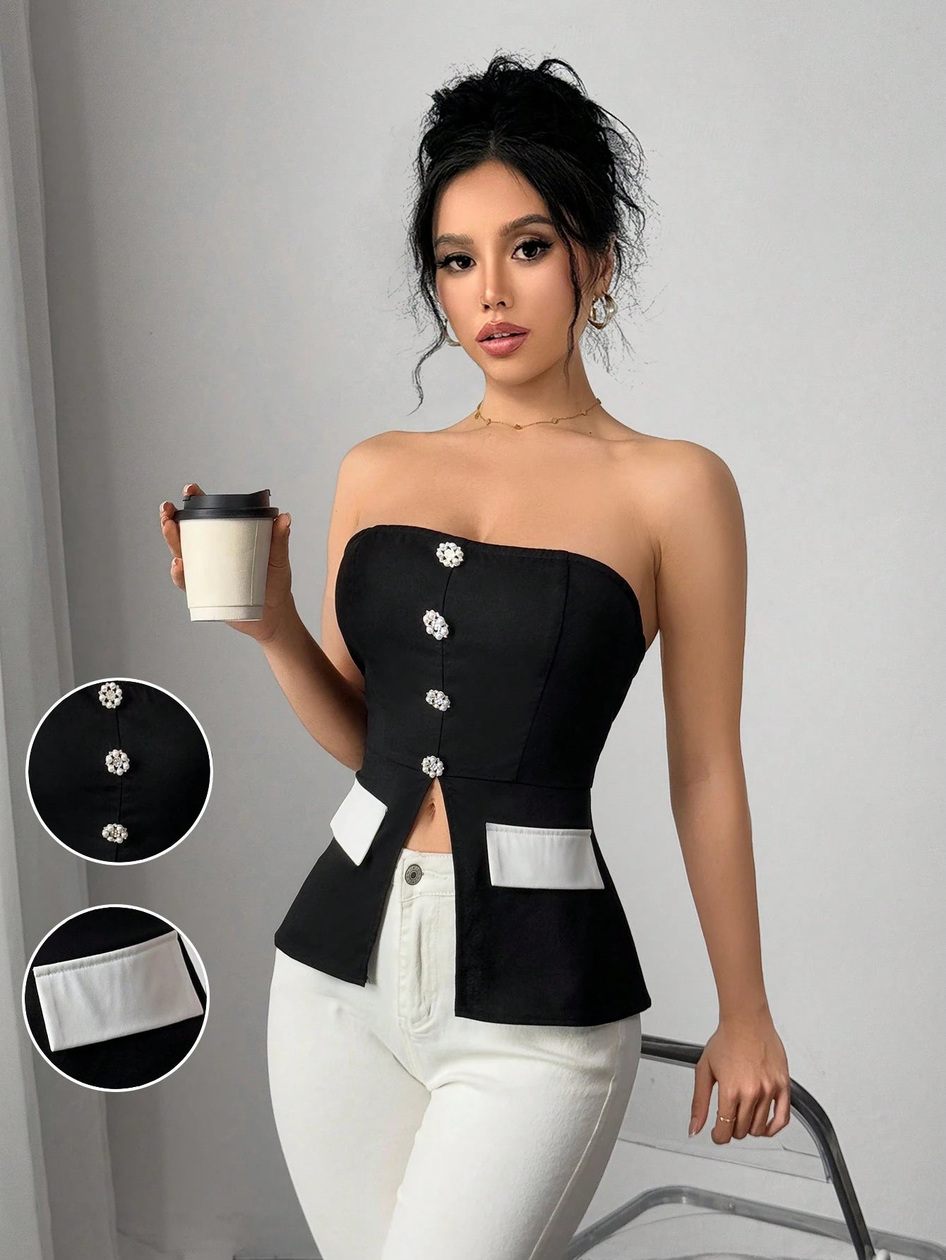 SHEIN Chiquease Women's Sleeveless Elegant Fashion Snap Button Contrast Color Tank Top
