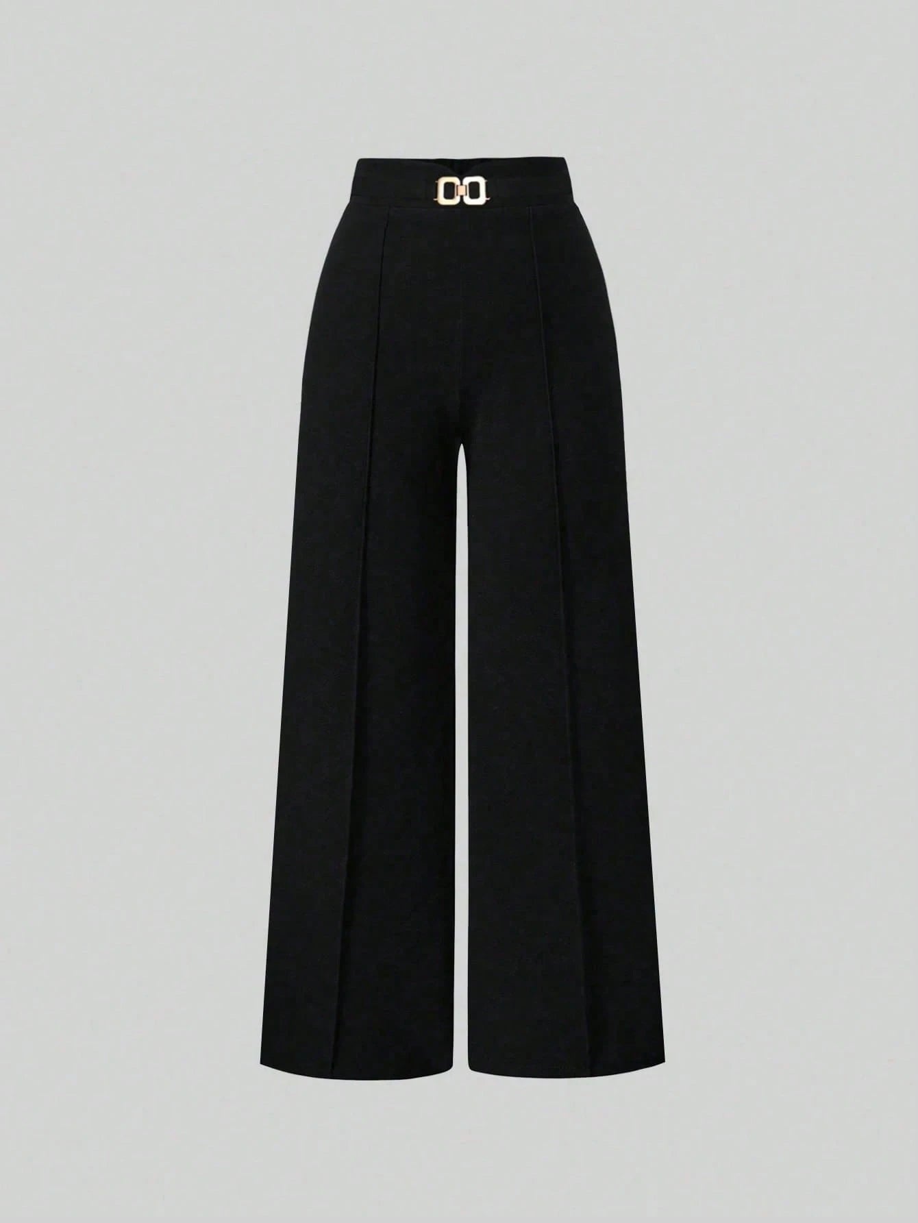 Black wide-leg pants with a belt on a light gray background