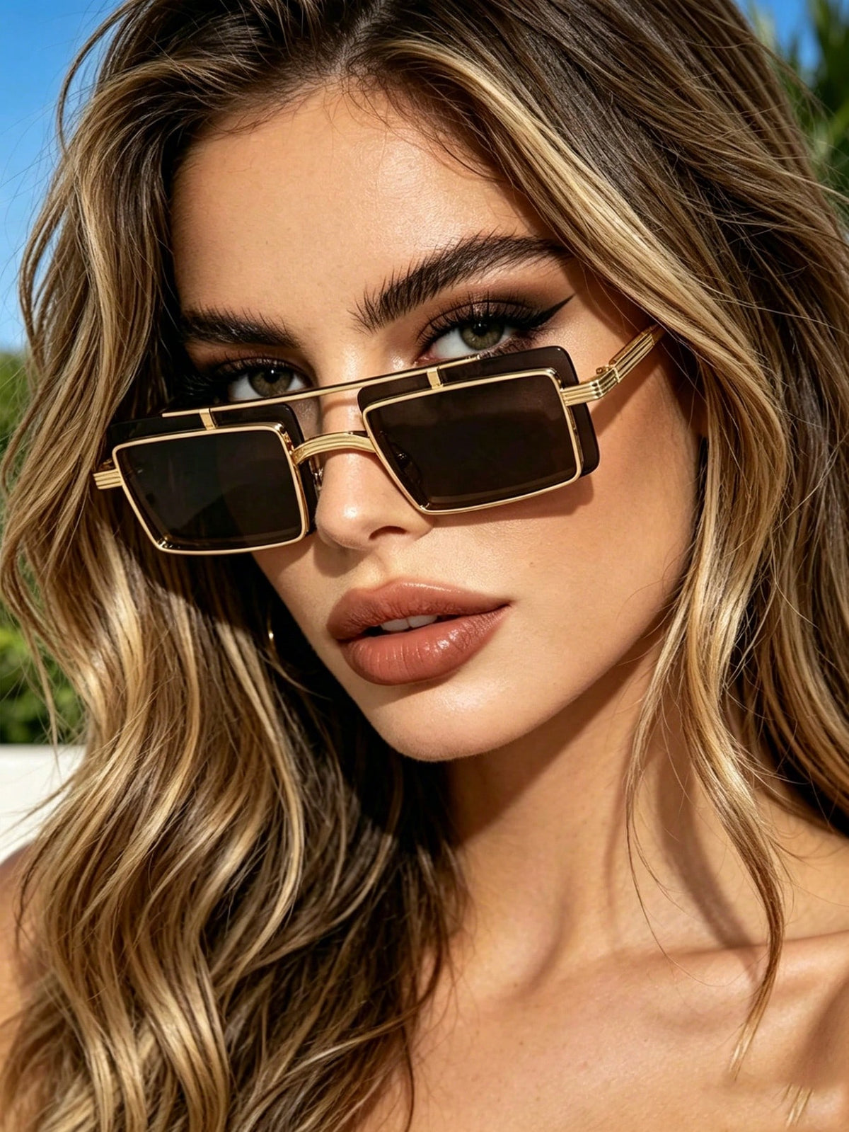 A close-up of a woman wearing geometric gold-framed sunglasses with dark lenses, set against a bright outdoor background.