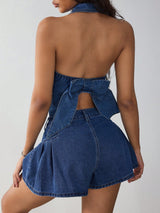 SHEIN EZwear Women's Sexy Backless Halter Neck Fashionable Elegant Casual Denim Vest
