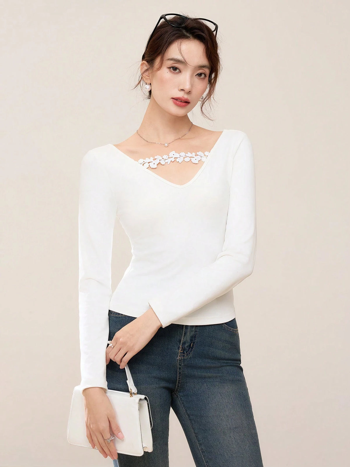 EastFlair Women's Elegant Long Sleeve Fitted T-Shirt With Floral Applique BY SHEIN 
