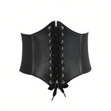 Black leather corset with lace-up design on a white background