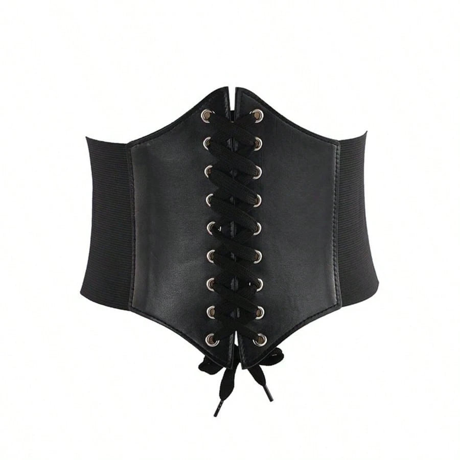 Black leather corset with lace-up design on a white background