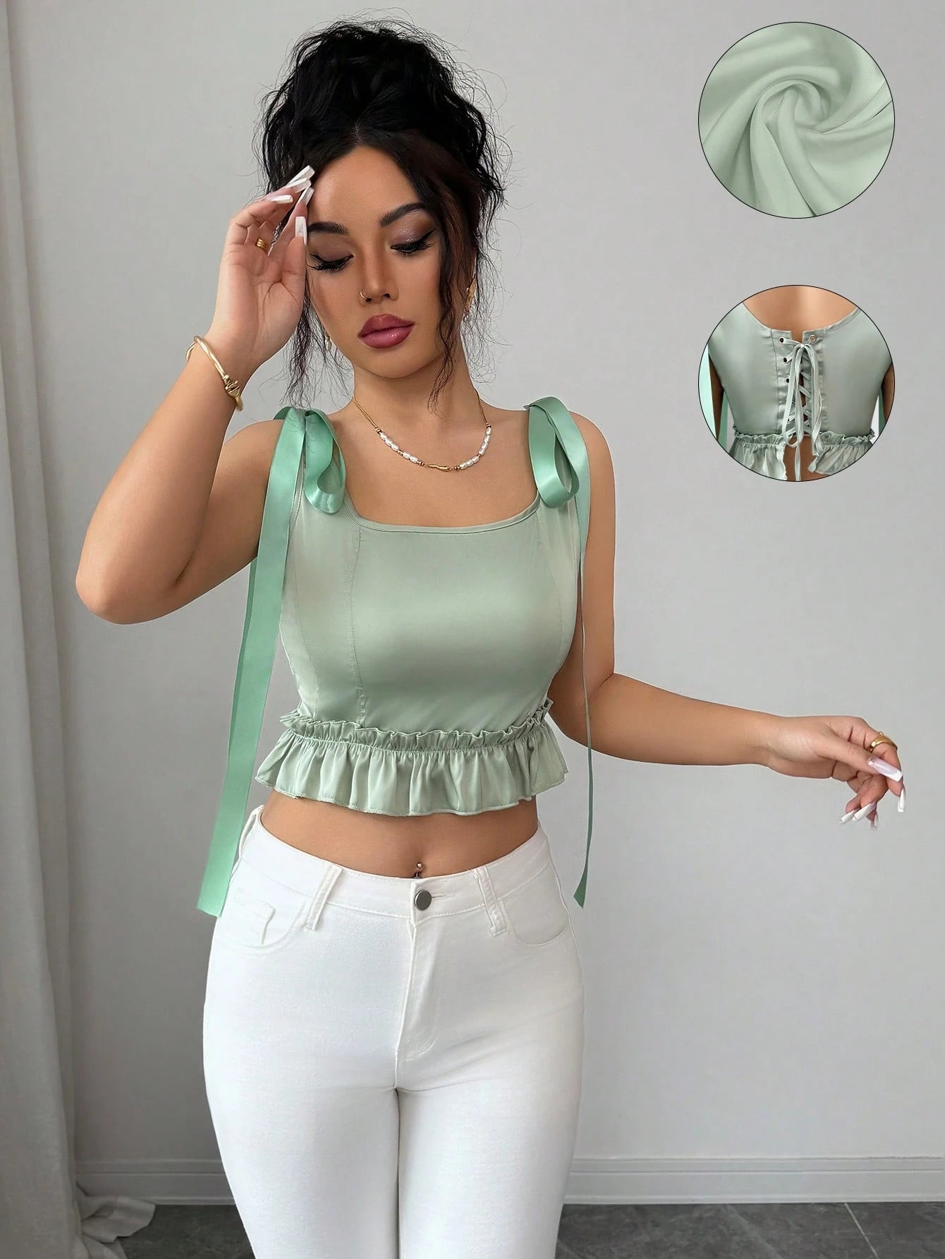 Woman wearing a light green top with ruffled details and white pants, with close-up insets of fabric texture.