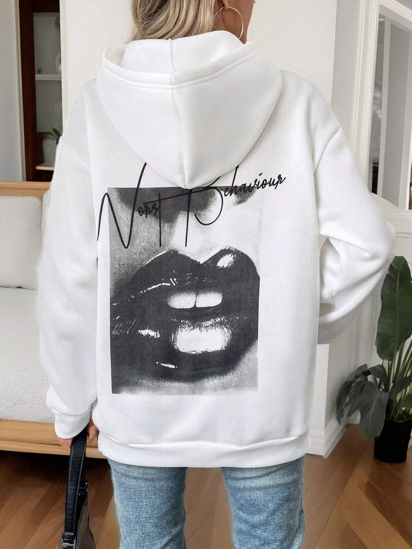 SHEIN Essnce Casual Solid Color Hoodie Sweatshirt With Pockets And Back Print, Long Sleeve