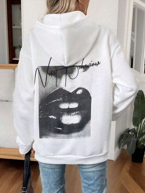 SHEIN Essnce Casual Solid Color Hoodie Sweatshirt With Pockets And Back Print, Long Sleeve
