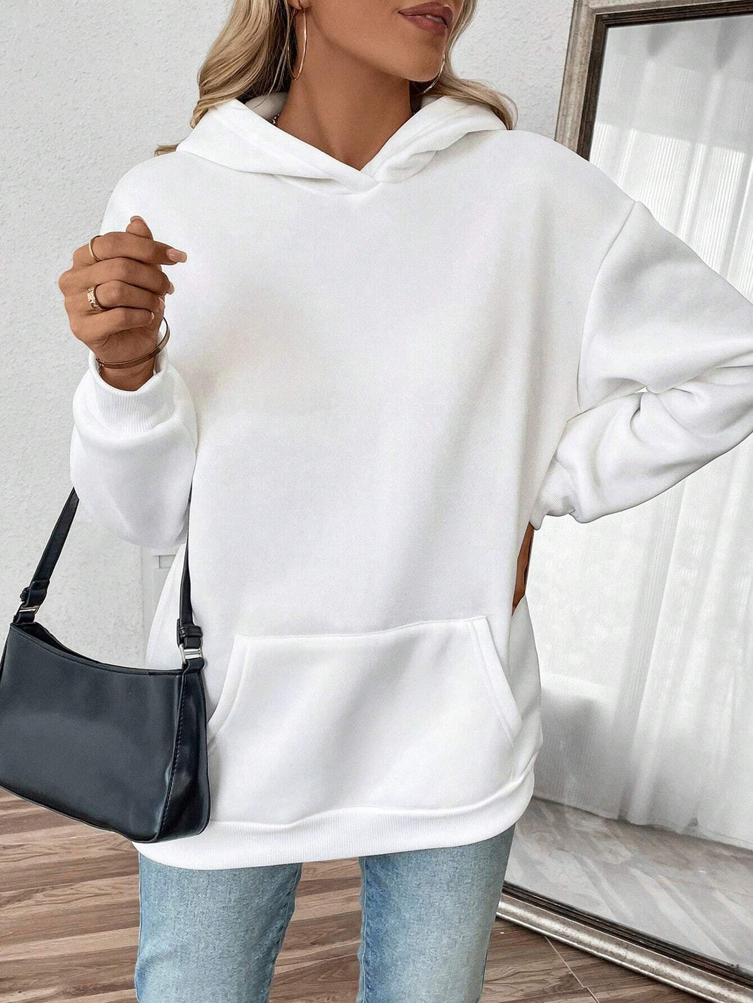 SHEIN Essnce Casual Solid Color Hoodie Sweatshirt With Pockets And Back Print, Long Sleeve - view 4