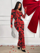 SHEIN Essnce Valentine's Day Elegant Red Rose Mesh Printed Long Slim Dress