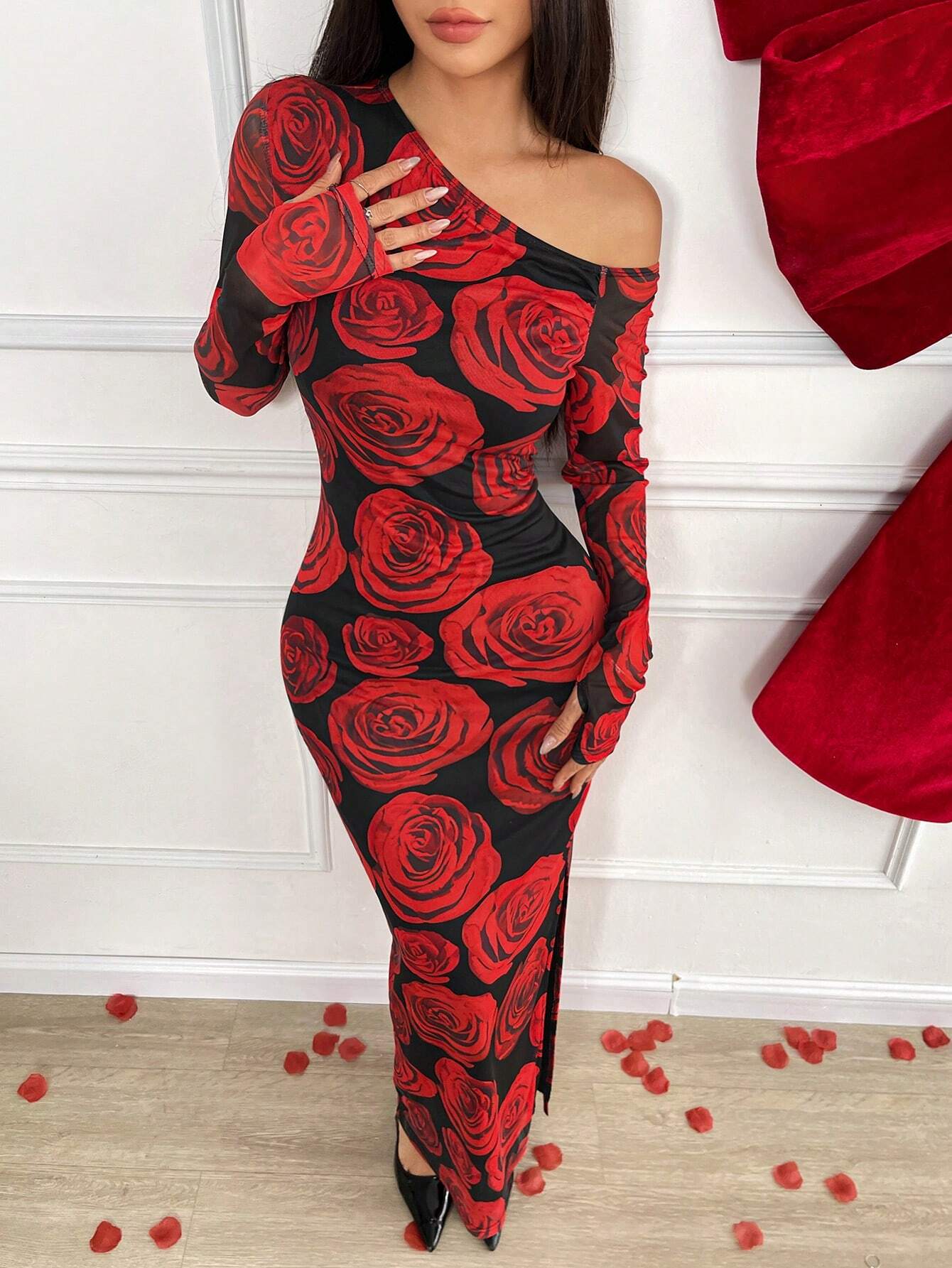 SHEIN Essnce Valentine's Day Elegant Red Rose Mesh Printed Long Slim Dress