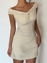 SHEIN Essnce Women's Solid Color Off Shoulder Mini Dress, Casual Vacation Twisted Open-Shoulder Elegant Short