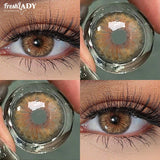 Collage of brown contact lenses worn and close-up views.