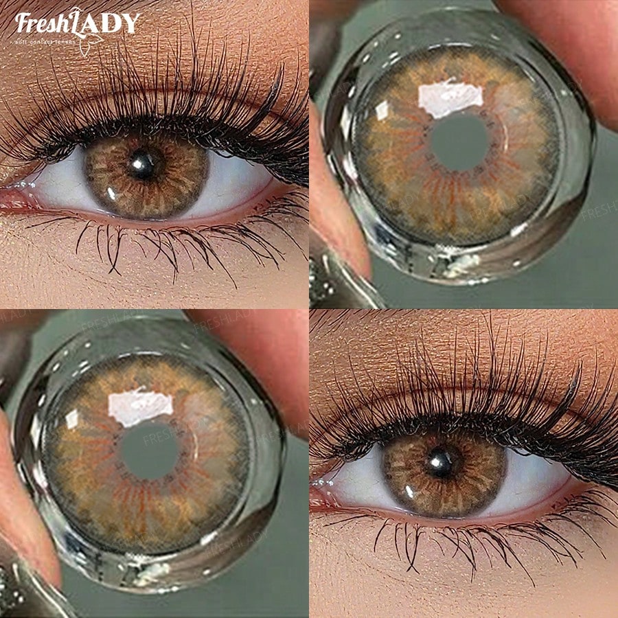 Collage of brown contact lenses worn and close-up views.