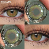 Collage of green contact lenses worn, close-up of lenses, and eyes wearing lenses.
