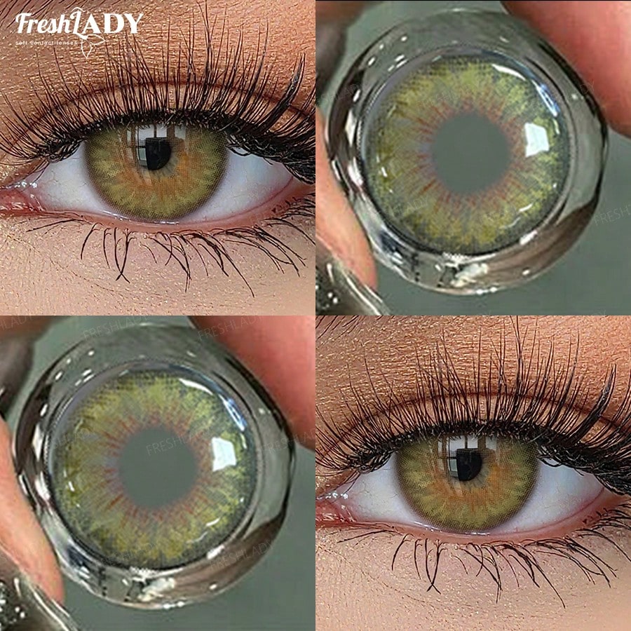 Collage of green contact lenses worn, close-up of lenses, and eyes wearing lenses.