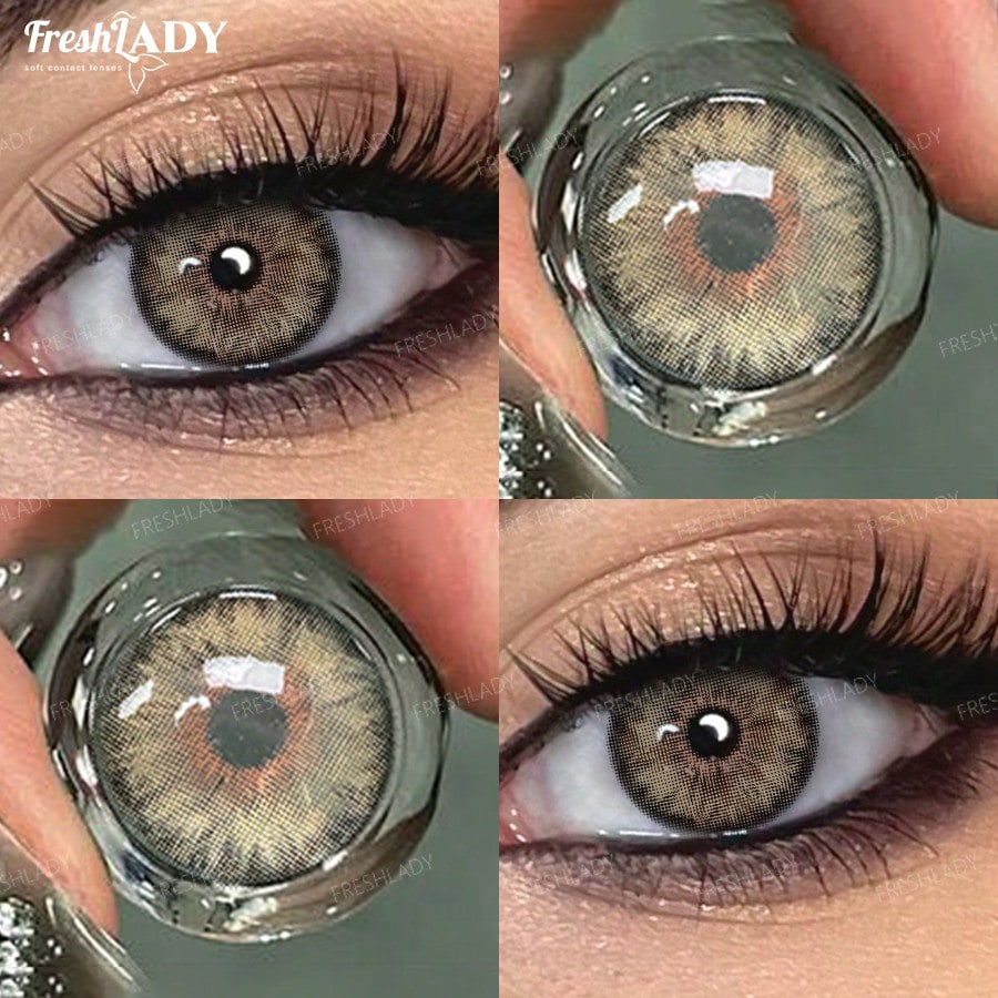 Four-panel collage showing a close-up of a person's eye wearing a brown-gray contact lens, alongside two close-up views of the lens held between fingers to demonstrate its shape and transparency. The FreshLADY brand logo is visible in the top left.