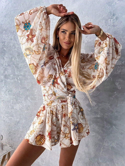 SHEIN Fashionable Flower Random Print V-Neck Long Sleeve Jumpsuit