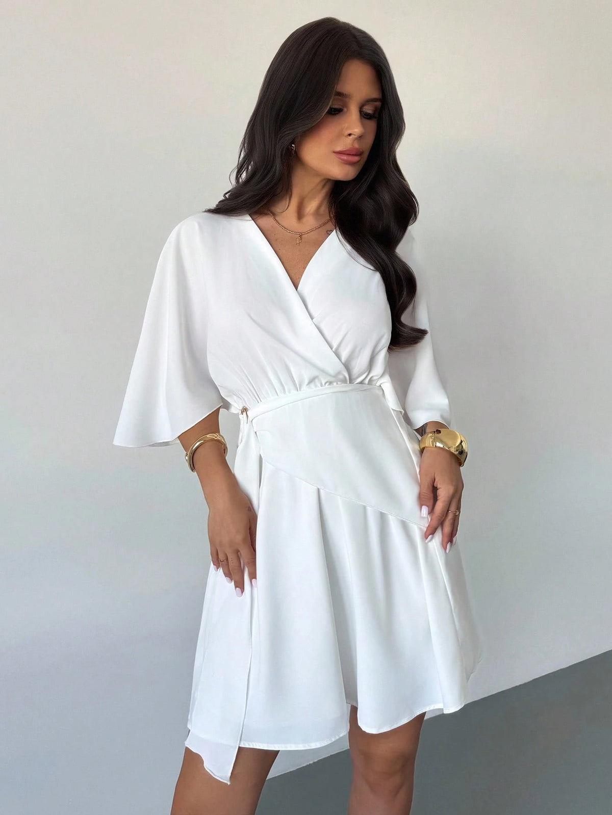 Firerie Women's Elegant Minimalist Casual Vacation Daily Commute White Mini Dress BY SHEIN 