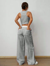 SHEIN Flirla 2pcs Striped V-Neck Sleeveless Button Front Top And Colorblock Pocket Pants