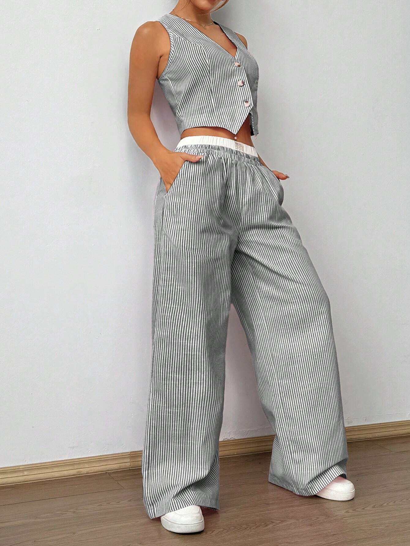SHEIN Flirla 2pcs Striped V-Neck Sleeveless Button Front Top And Colorblock Pocket Pants
