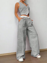 SHEIN Flirla 2pcs Striped V-Neck Sleeveless Button Front Top And Colorblock Pocket Pants