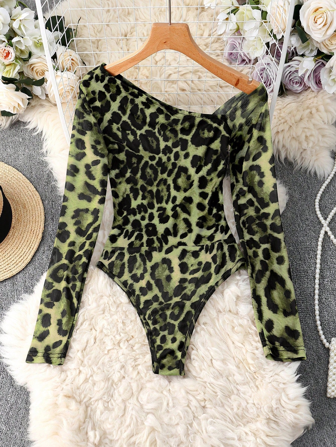 SHEIN Franclia Leopard Print Mesh Sheer Shoulder Long Sleeve Bodysuit