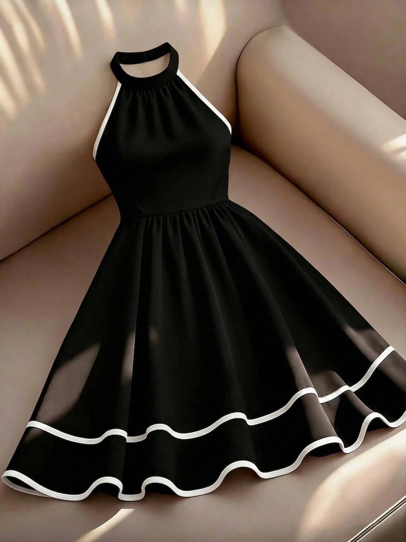 Black halter-neck dress with white trim on a beige sofa