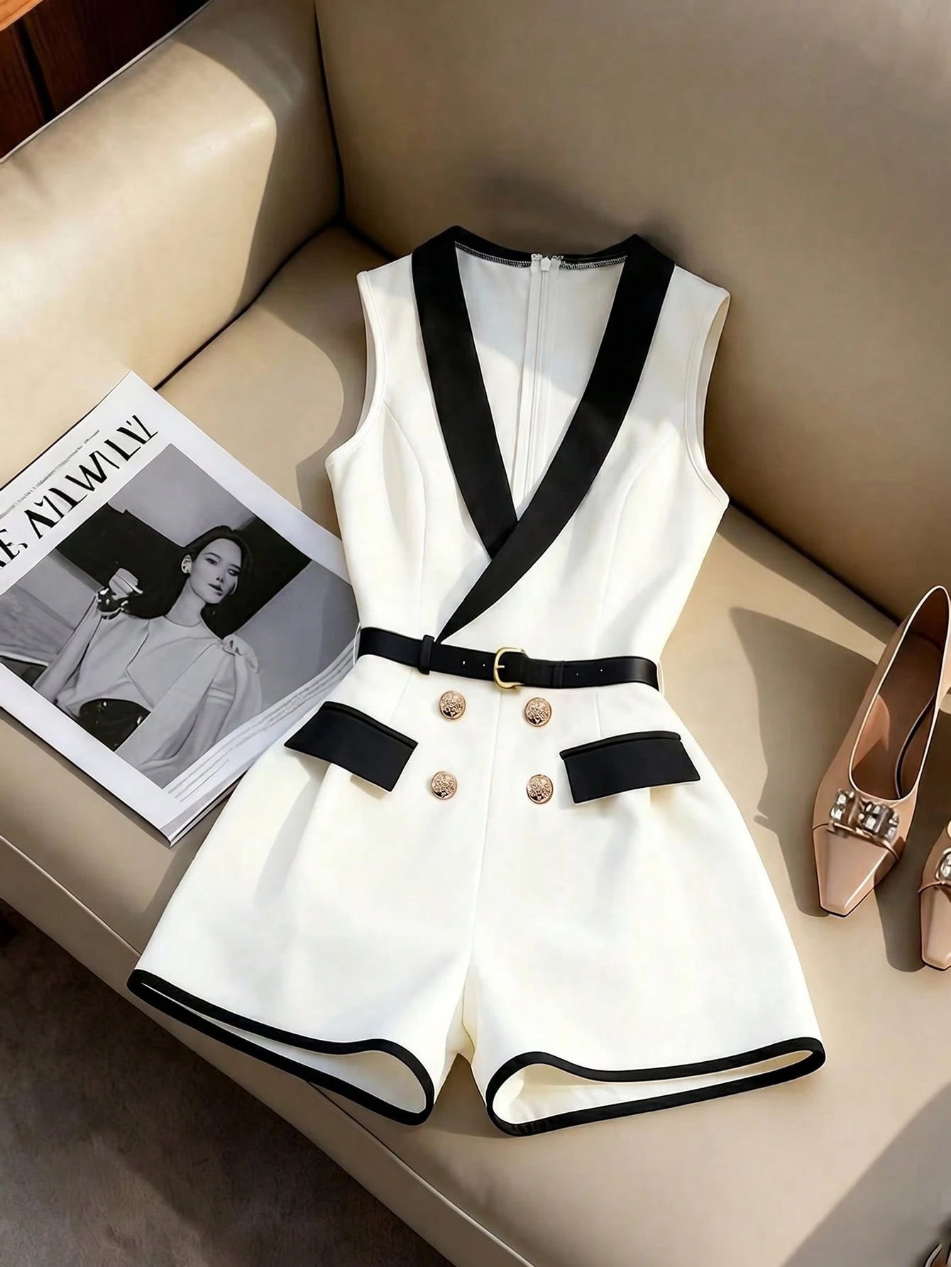 A white sleeveless romper with black contrast trim, a matching black belt with a gold buckle, and double-breasted gold buttons, styled on a beige leather sofa next to a magazine and heels.