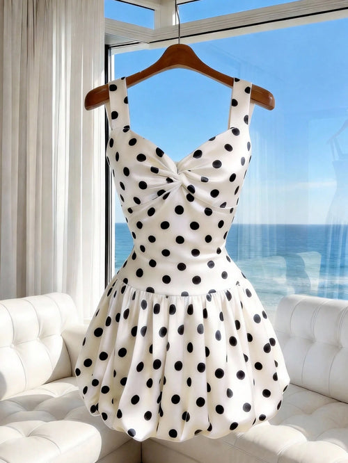 Franclia Women's Satin Dress,White With Black Polka Dots,Summer BY SHEIN 