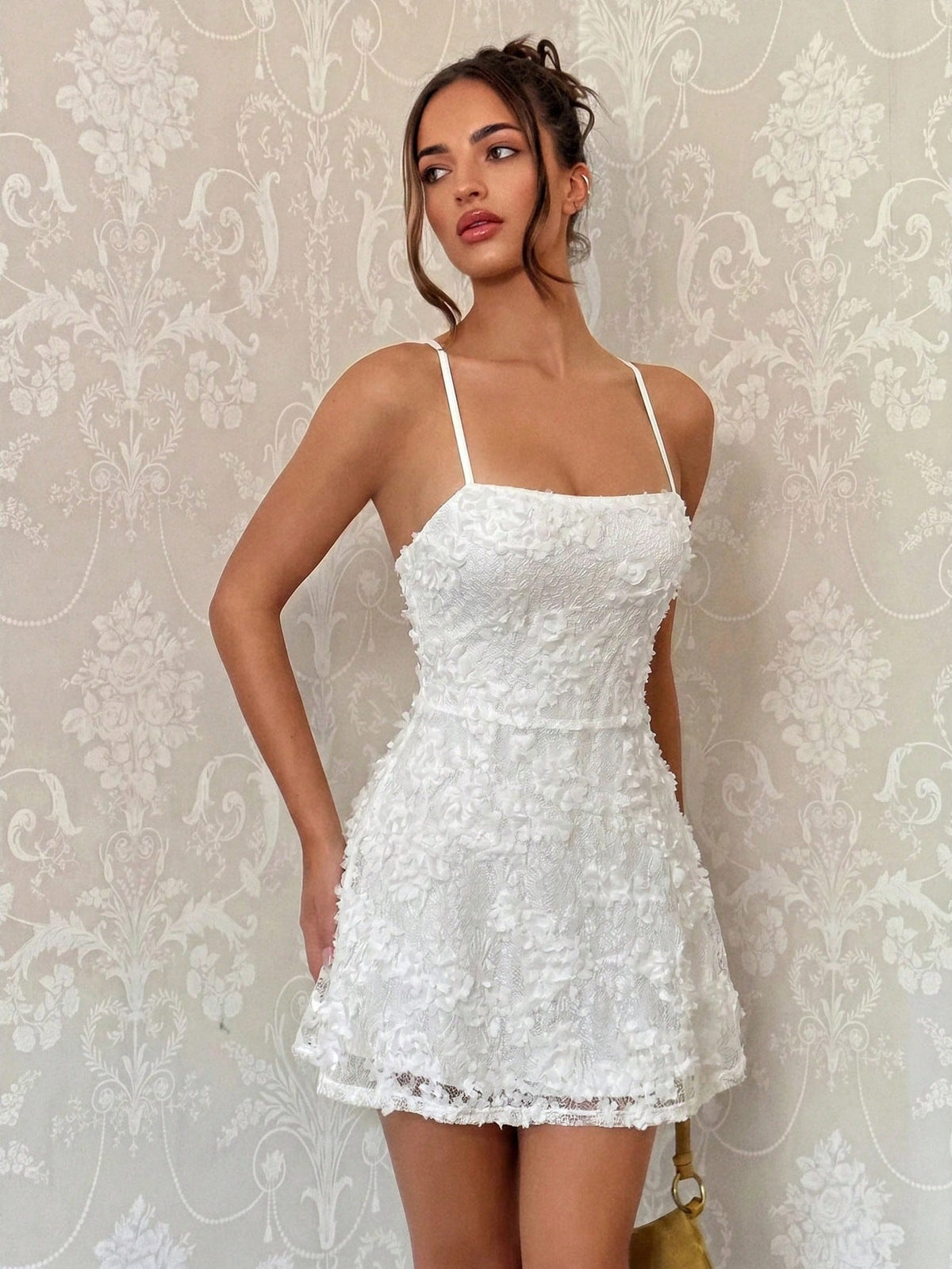 Glamine Charm Elegant Romantic Lace 3D Floral Sleeveless Backless Lace-Up Women's Short Dress BY SHEIN 