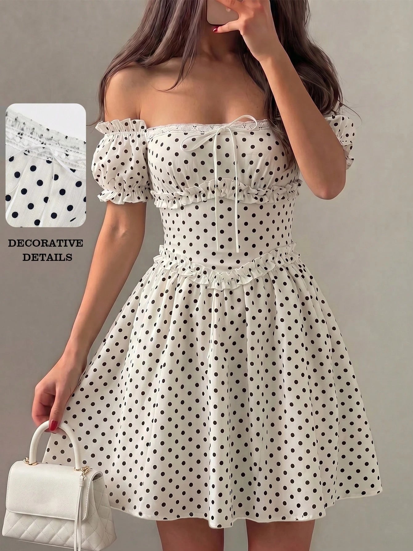 A woman wearing an off-the-shoulder white dress with black polka dots, holding a white quilted handbag. The image includes a detail inset showing the fabric texture and text reading 'DECORATIVE DETAILS'.