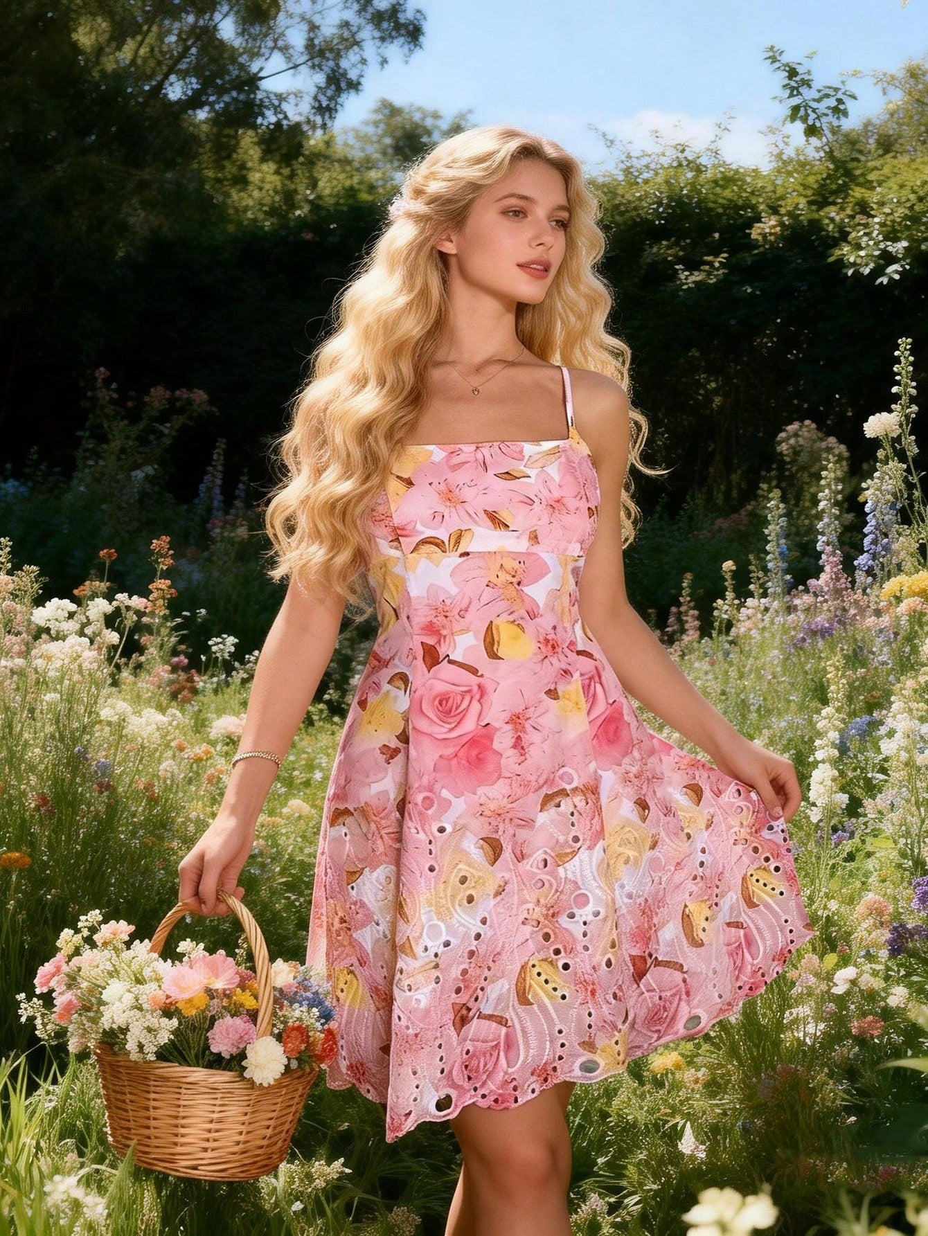 A woman stands in a sunlit flower field wearing a pink floral spaghetti-strap dress and holding a wicker basket of flowers.
